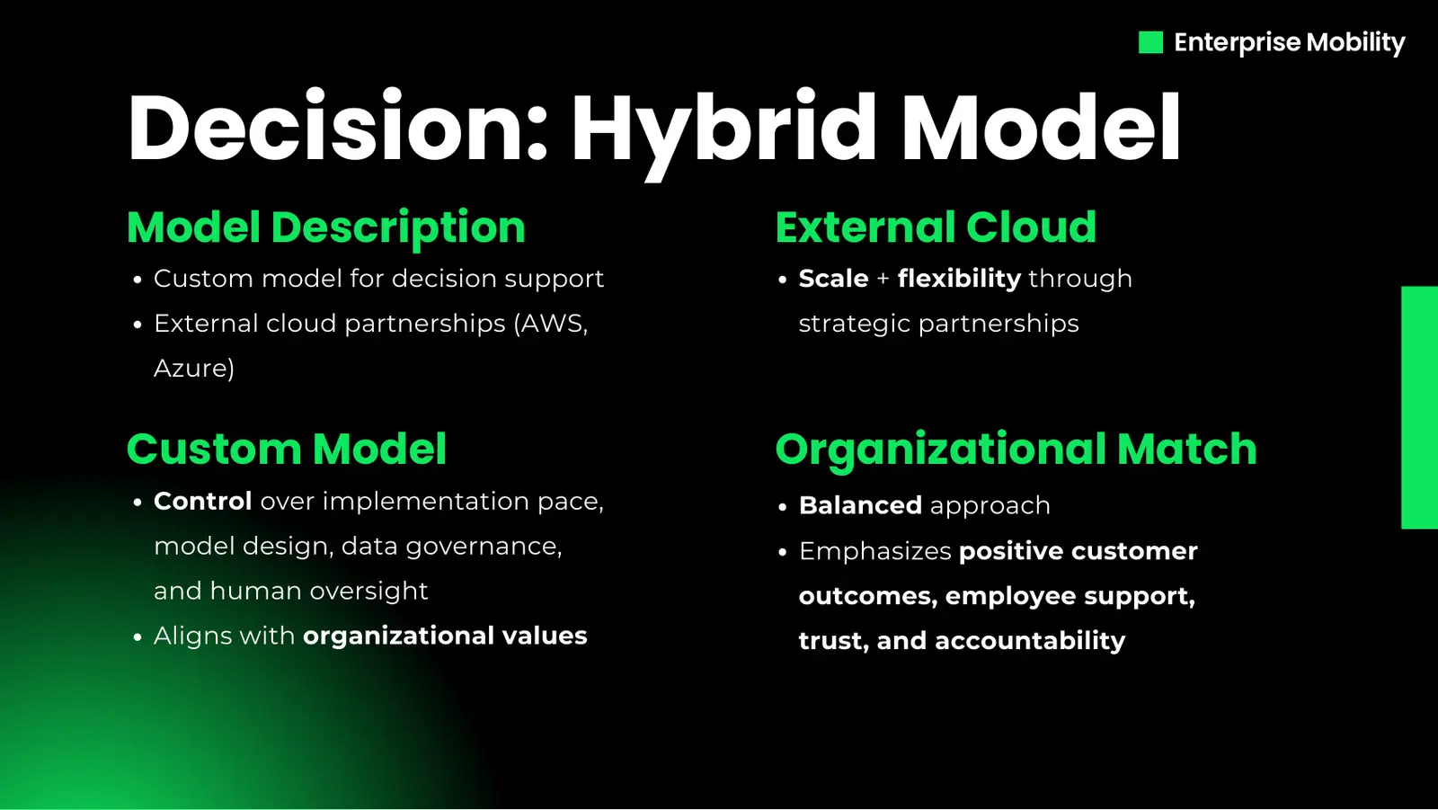 Enterprise Mobility presentation slide recommending a hybrid AI model