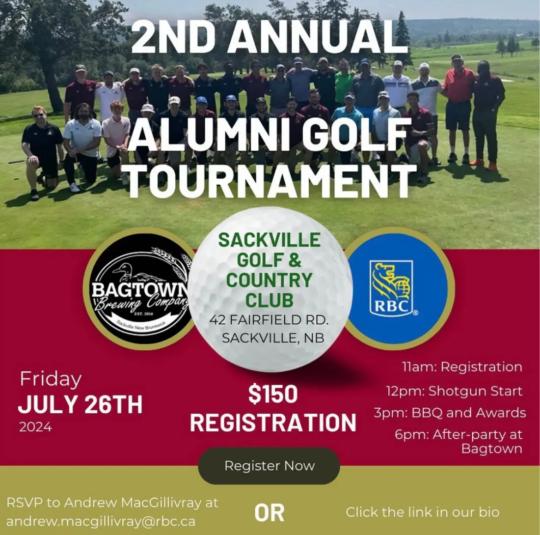 Mount Allison men's soccer alumni golf tournament poster